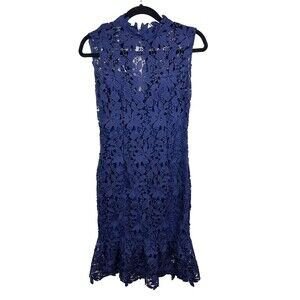 Paper Dolls Lace Crochet Dress Navy Blue Fitted Flounce Hem Lined Sleeveless 4